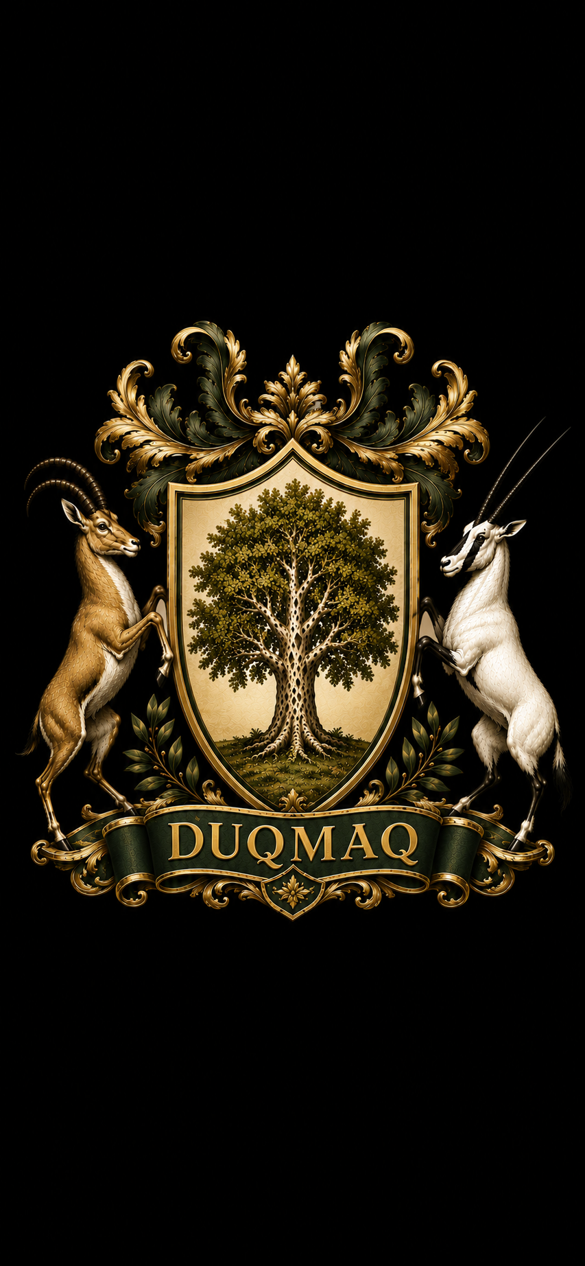 Duqmaq official gold, ivory, and forest-green heraldic crest